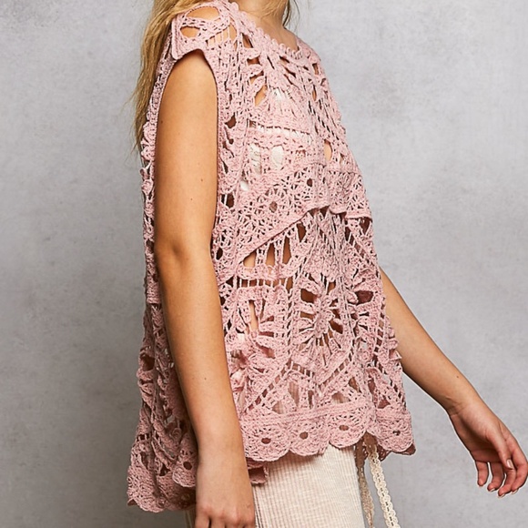 New POL Openwork Floral Crochet SleevelessTank Top Scalloped Oversize Shirt Rose - Picture 5 of 9